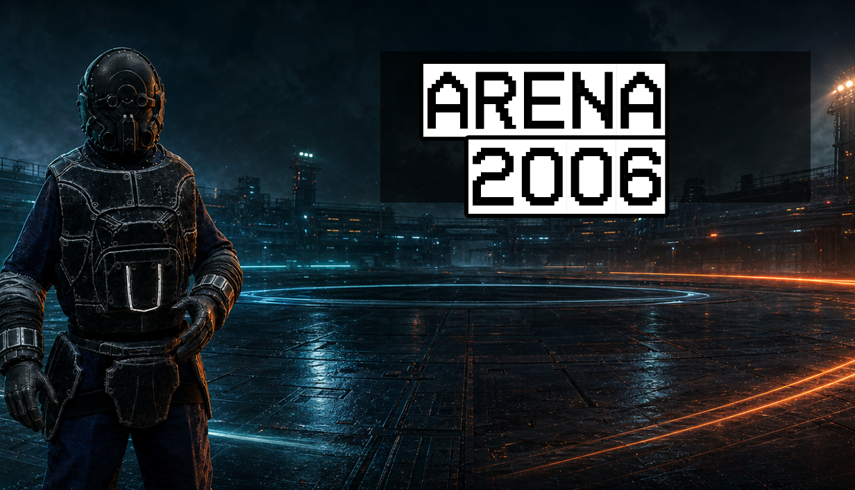 Arena 2006 artwork: an armored fighter beside a glowing arena at night.
